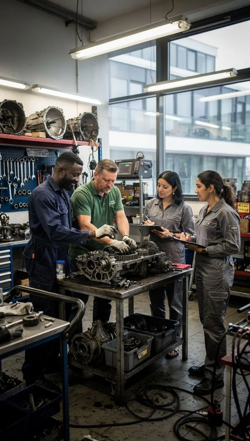 Getriebegehäuse wird sorgfältig für Reparaturarbeiten in einer spezialisierten Werkstatt vorbereitet